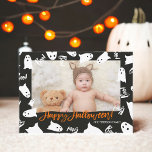 Happy Halloween cute ghosts boo text photo Card<br><div class="desc">Happy Halloween typography in orange with cute white ghosts pattern on off black and boo text ,  add your baby or family photo!</div>