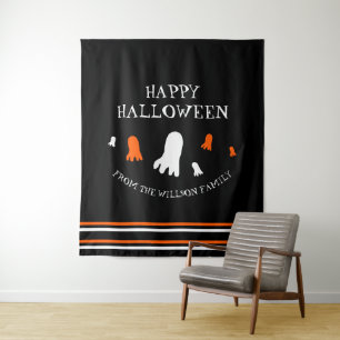Happy Halloween Cute Ghosts Orange, Black, White Tapestry