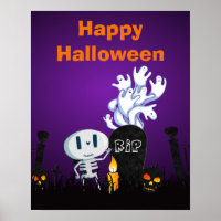 Happy Halloween Cute Ghosts & Seletons in Cemetery