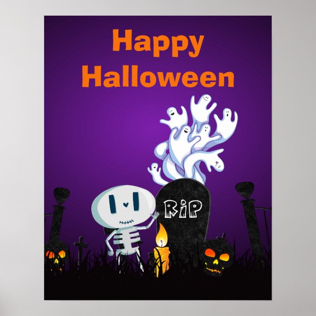 Happy Halloween Cute Ghosts & Seletons in Cemetery Poster (Front)