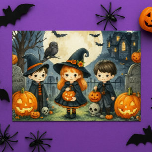 Happy Halloween Cute Kids in Costumes  Holiday Postcard