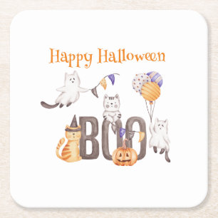 Happy Halloween CUTE KITTENS & BOO Square Paper Coaster