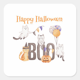 Happy Halloween    CUTE KITTENS & BOO Square Sticker