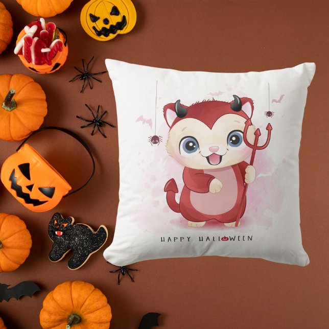 Happy Halloween Cute Kitty Devil Spider Flying Bat Cushion (Creator Uploaded)