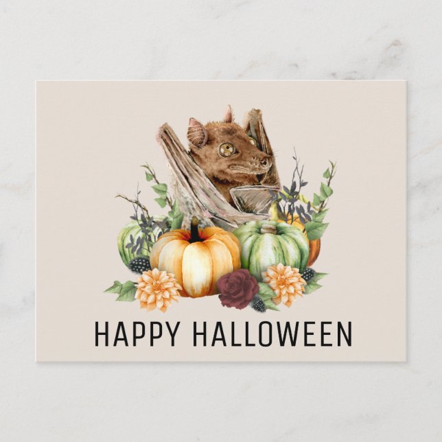 Happy Halloween Cute little Bat with Pumpkins Postcard (Front)