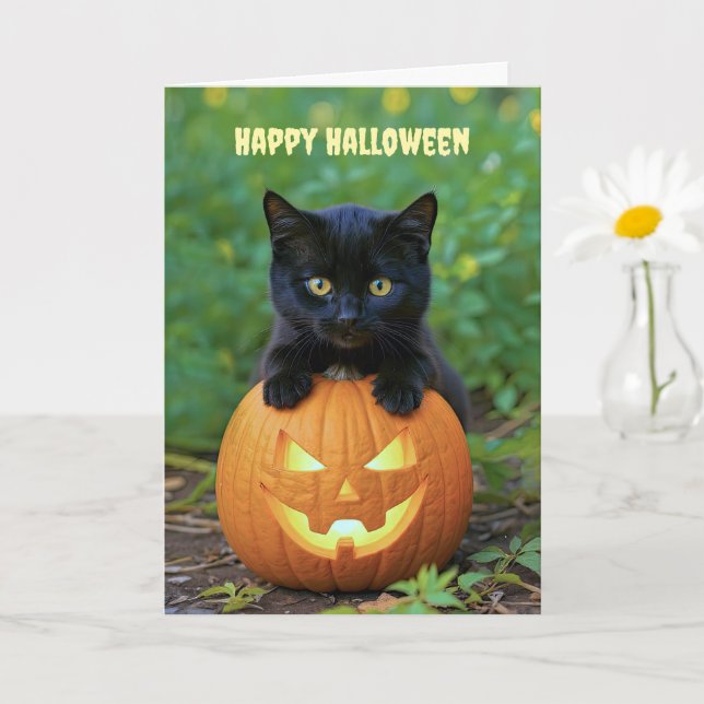 Happy Halloween Cute Little Black Kitten  Card (Small Plant)