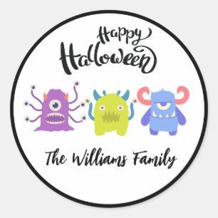 Happy Halloween Cute Monsters Custom Family Name Classic Round Sticker