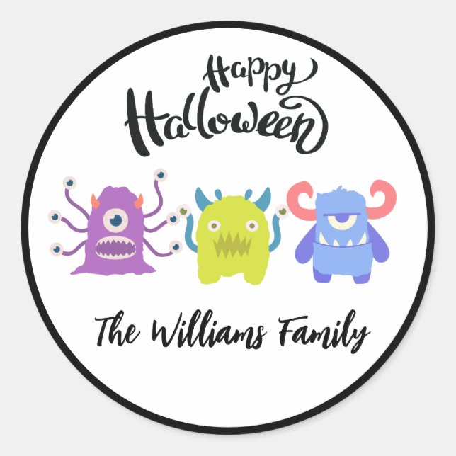 Happy Halloween Cute Monsters Custom Family Name  Classic Round Sticker (Front)