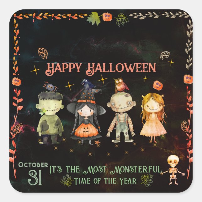 Happy Halloween Cute Monsters Party Square Sticker (Front)