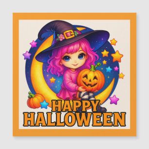 Happy Halloween Cute Moon Witch Magnet Card