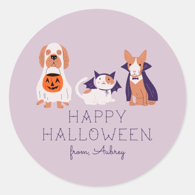 Happy Halloween Cute Pets in Costume Classic Round Sticker (Front)