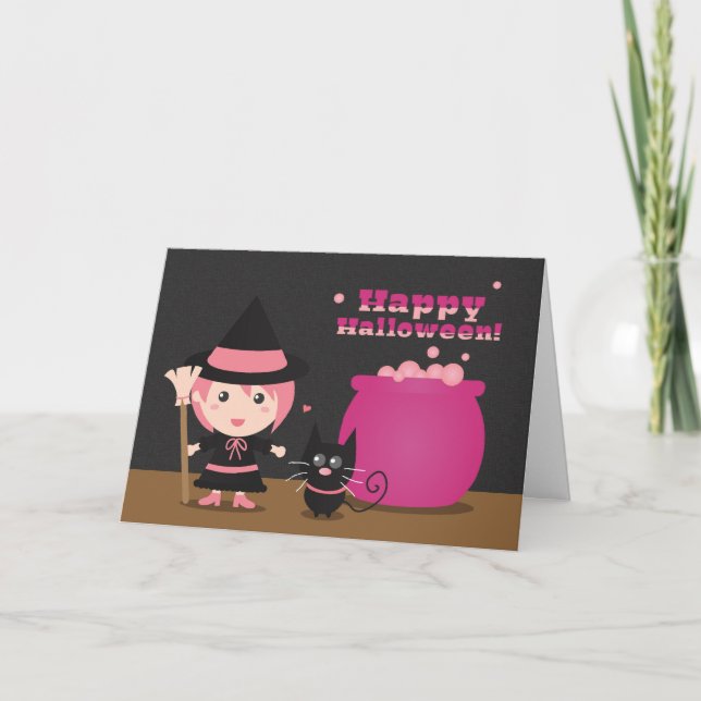 Happy Halloween, Cute Pink Witch and Black Cat Card (Front)