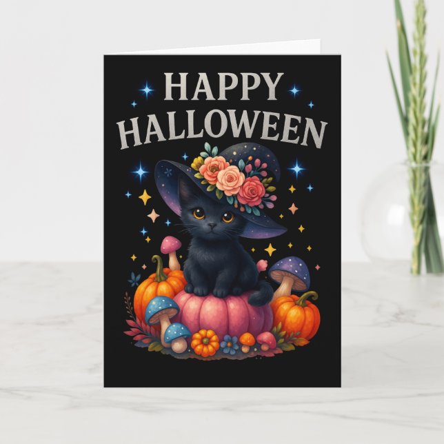 Happy Halloween Cute Pumpkin Cat Greetings Card (Front)