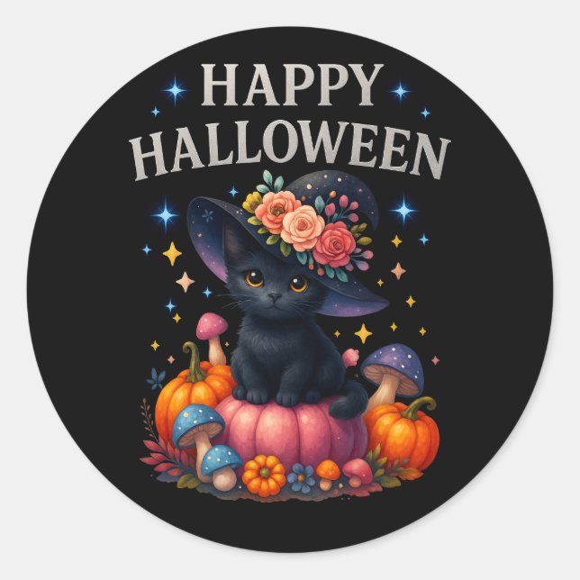 Happy Halloween Cute Pumpkin Cat Round Stickers (Front)