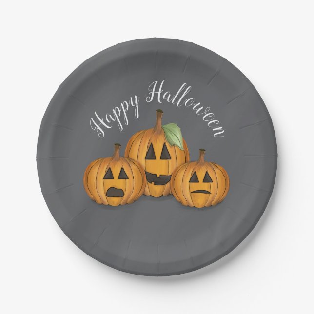 Happy Halloween Cute Pumpkin Jack O Lanterns Paper Plate (Front)