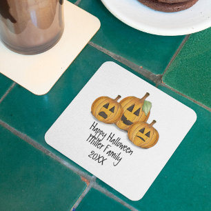 Happy Halloween Cute Pumpkins Custom Square Paper Coaster
