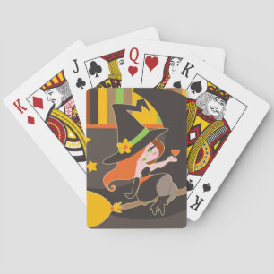 "Happy Halloween" Cute Red Haired Witch Playing Cards