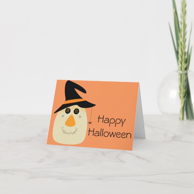 Happy Halloween Cute Scarecrow and Spider Card (Front)