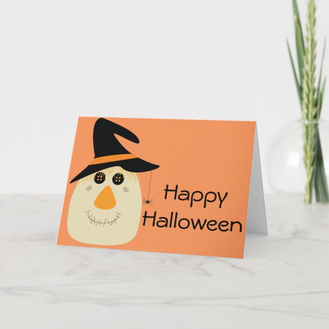 Happy Halloween Cute Scarecrow and Spider Card (Front)