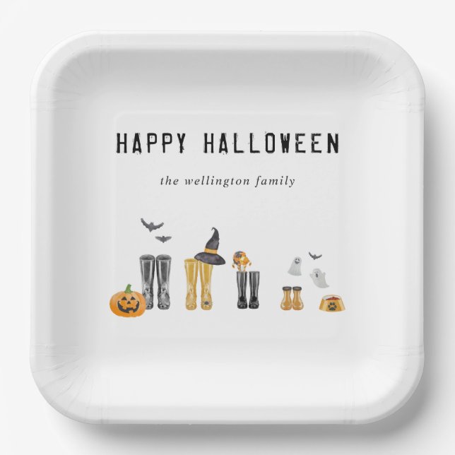 Happy Halloween Cute Spooky Watercolor Family Paper Plate (Front)