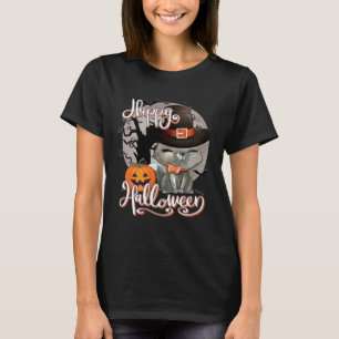 Happy Halloween Cute Spooky Witch Cat Pumpkin Bats T-Shirt