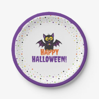 Happy Halloween Cute Vampire Bat Polka Dot Stars Paper Plate