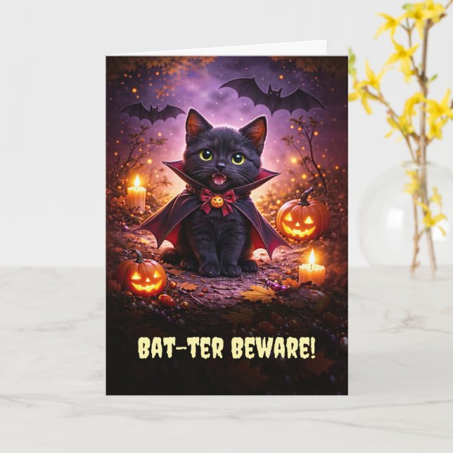 Happy Halloween Cute Vampire Kitten Cat with Bats Card (Yellow Flower)