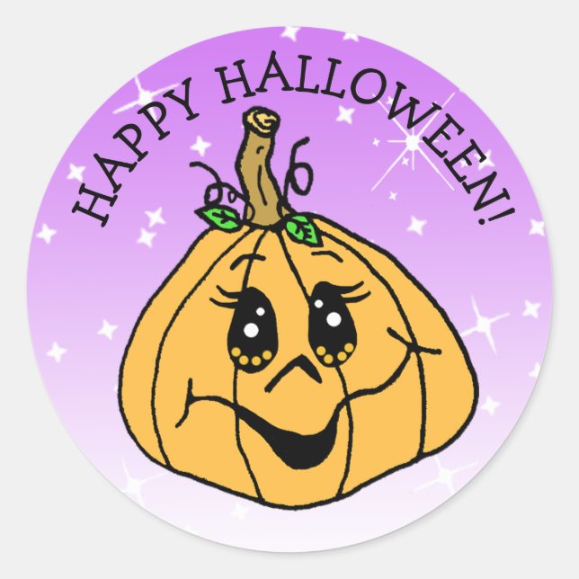 Happy Halloween Cute Whimscical Pumpkin Purple Classic Round Sticker (Front)