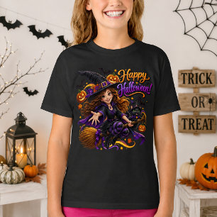 Happy Halloween Cute Witch Black Cat Flying Broom T-Shirt