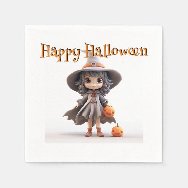 Happy Halloween CUTE WITCH in GREY HAT & DRESS Napkin (Front)