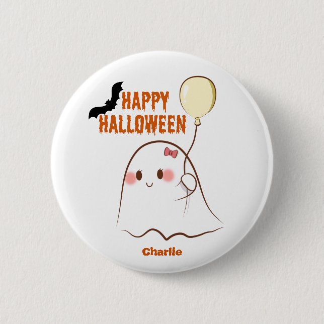 Happy Halloween Cutie Ghost Holding A Balloon Name 6 Cm Round Badge (Front)