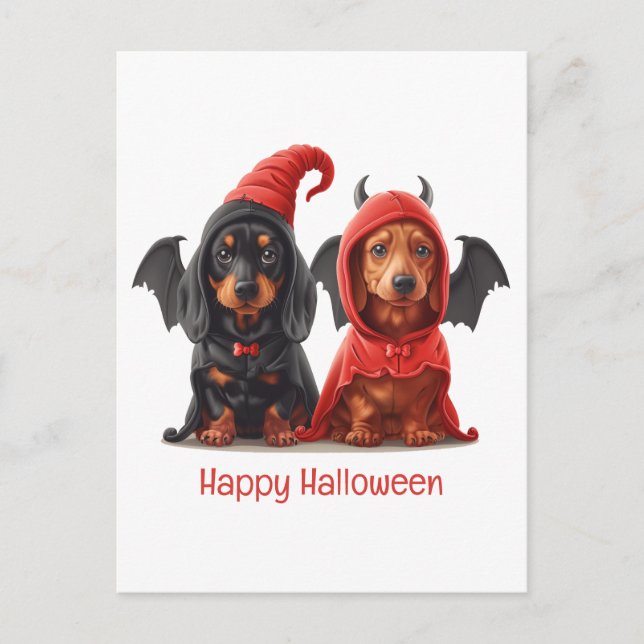 Happy Halloween Dachshund Dogs Devil Bat Postcard (Front)