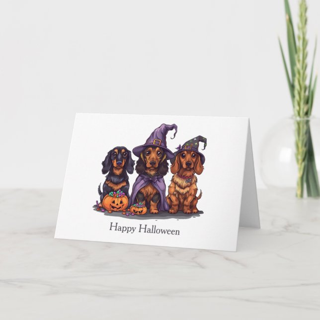 Happy Halloween Dachshund Witch Dogs Card (Front)