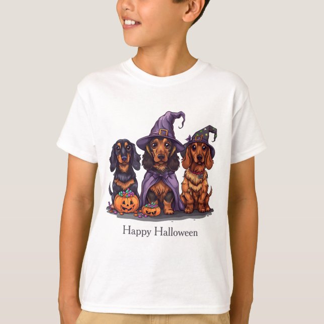 Happy Halloween Dachshund Witch Dogs T-Shirt (Front)