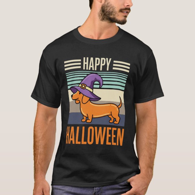 Happy Halloween Dachshund Witch Hat Retro Vector T-Shirt (Front)