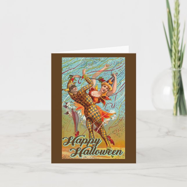 Happy Halloween Dancing Jester Masquerade Vintage Card (Front)