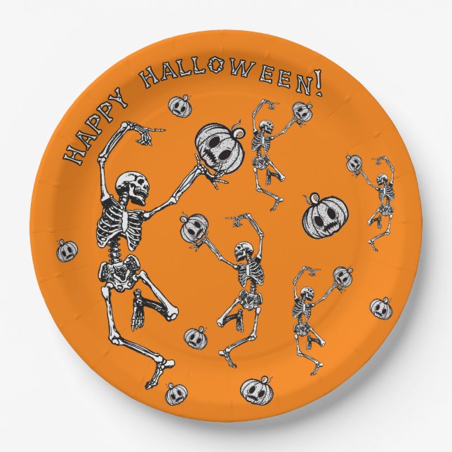 Happy Halloween Dancing Skeleton Danse Macabre Paper Plate (Front)