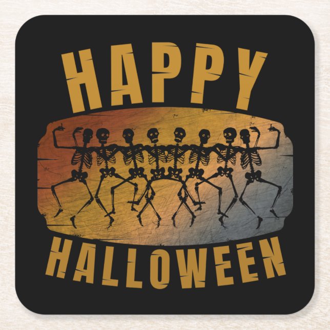 HAPPY HALLOWEEN DANCING SKELETON SQUARE PAPER COASTER (Front)