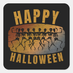 HAPPY HALLOWEEN DANCING SKELETON SQUARE STICKER