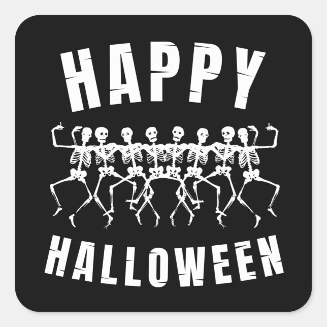 HAPPY HALLOWEEN DANCING SKELETONS SQUARE STICKER (Front)