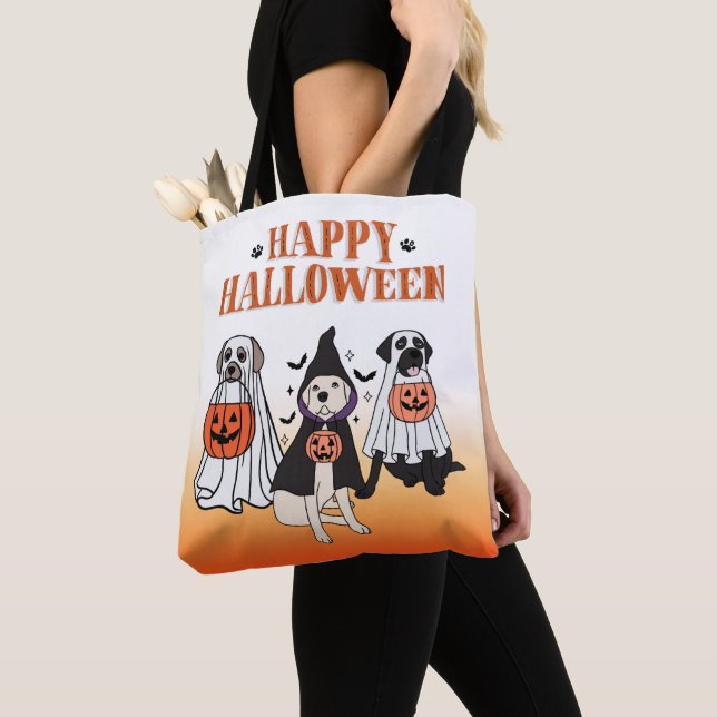 Happy Halloween Dog Ghost Orange & White Tote Bag (Close Up)
