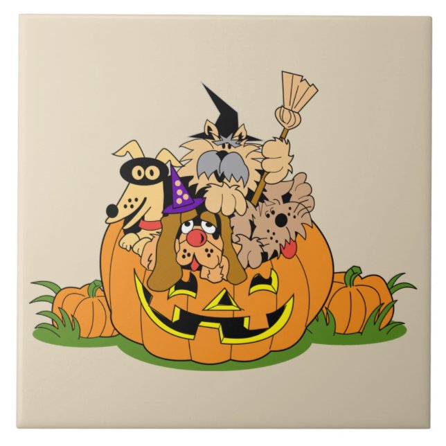 Happy Halloween Dogs In Pumpkin Tile (Front)
