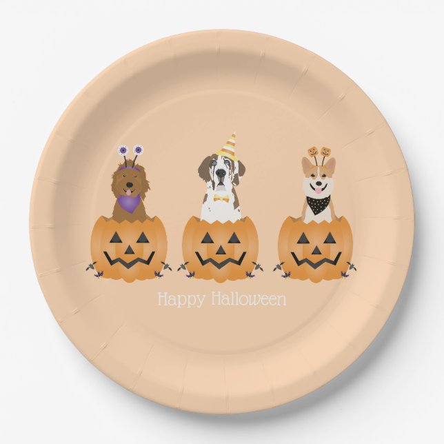 Happy Halloween Dogs In Pumpkins Paper Plate (Front)