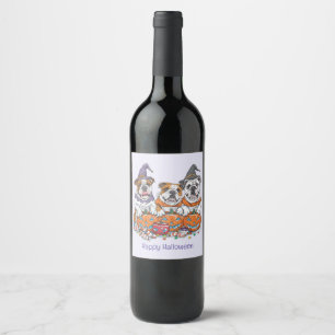 Happy Halloween English Bulldogs Pumpkin Wine Label