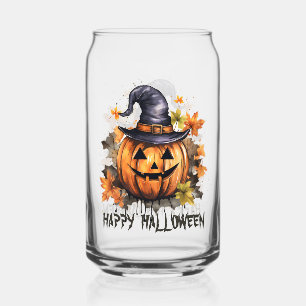 Happy Halloween Evil Grinning Pumpkin Art Can Glass