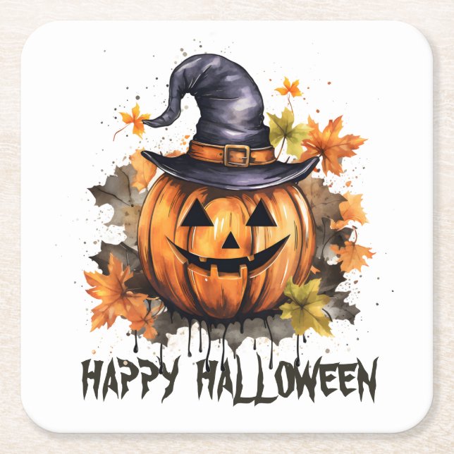 Happy Halloween Evil Grinning Pumpkin Art Square Paper Coaster (Front)