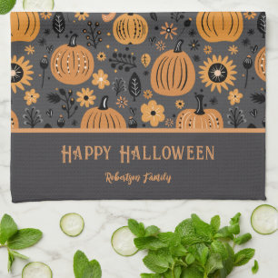 Happy Halloween Fall Pumpkin Family Name Tea Towel