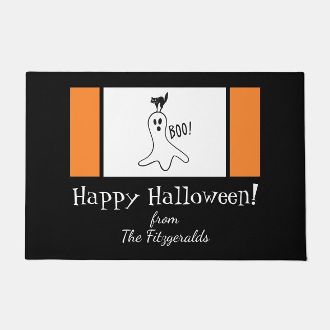 Happy Halloween Family Quote Ghost, Black Cat Doormat (Front)