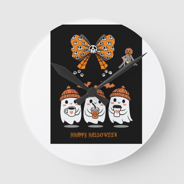 Happy Halloween – fantômes café mignons Round Clock (Front)