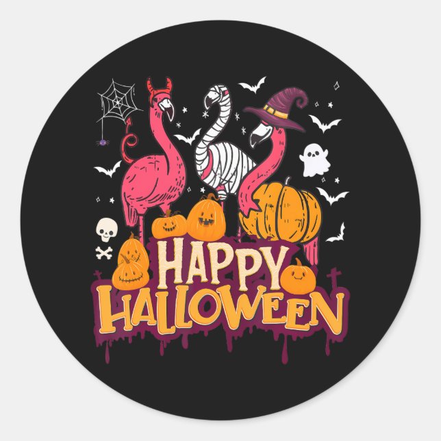 Happy Halloween Flamingo Witch Mummy For Classic Round Sticker (Front)